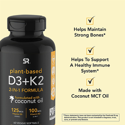Растительные витамины D3 + K2 с кокосовым маслом / Plant-Based Vitamins D3 + K2 with Coconut Oil, Sports Research, 125 мкг (5000 МЕ) + 100 мкг, 60 вегетарианских капсул