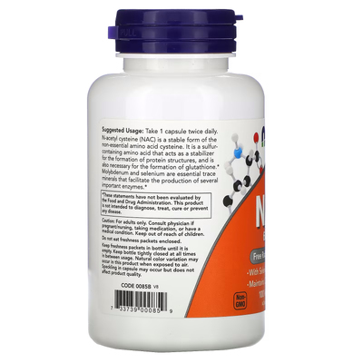 NAC (N-ацетилцистеин) / NAC (N-Acetyl Cysteine), Now Foods, 600 мг, 100 вегетарианских капсул