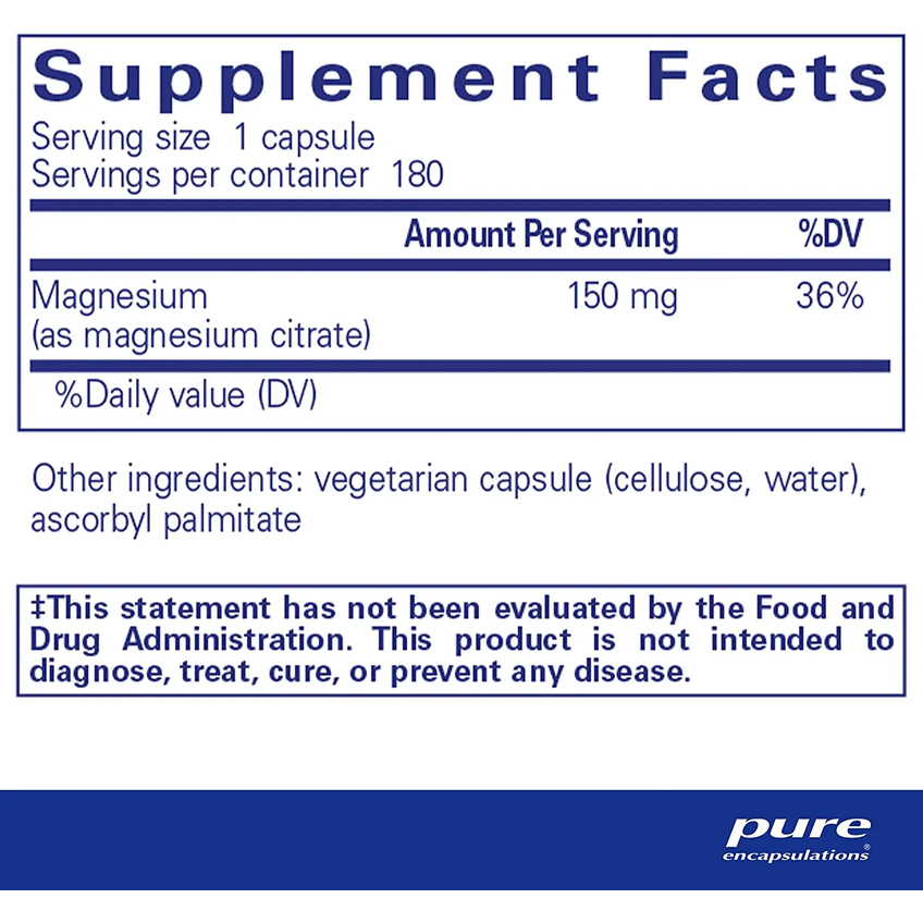 Магній цитрат / Magnesium, Pure Encapsulations, 150 мг, 180 капсул