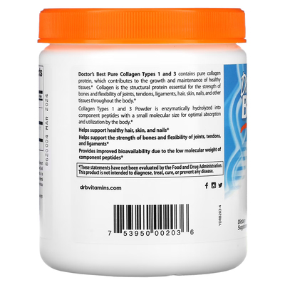 Чистий колаген типів 1 та 3 у порошку / Pure Collagen Types 1 and 3 Powder, Doctor's Best, 200 г