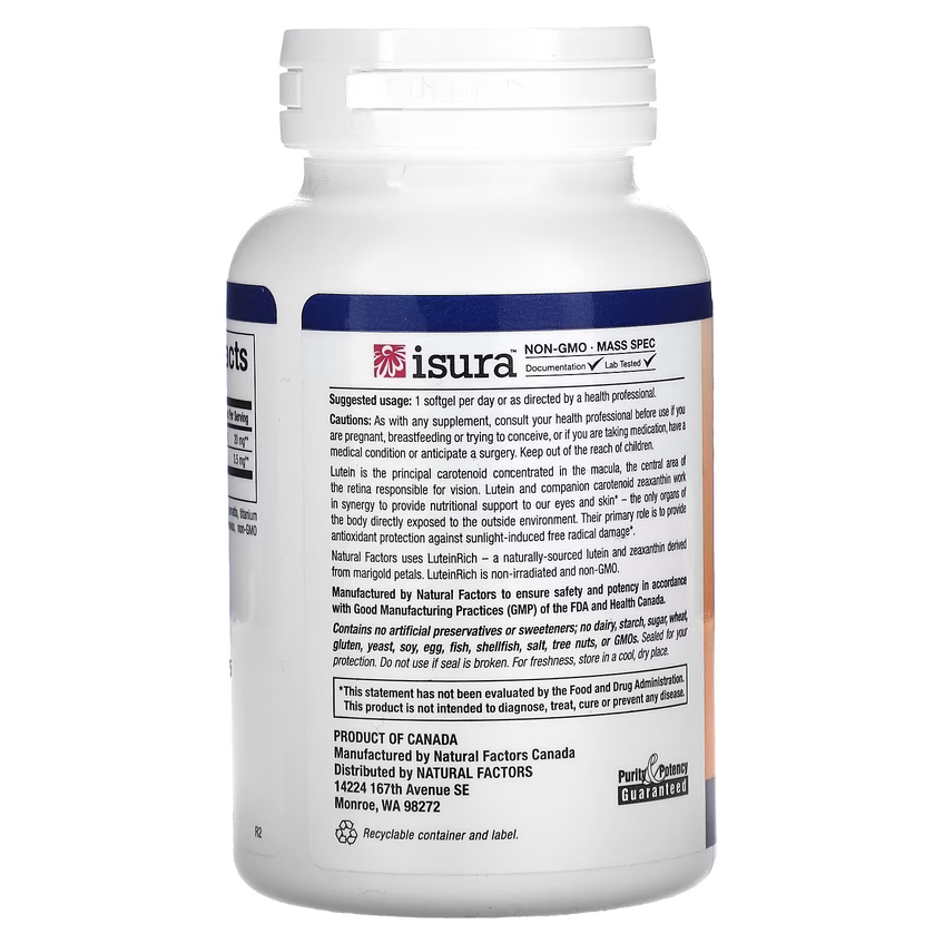 Лютеин / Lutein, Natural Factors, 20 мг, 120 гелевых капсул