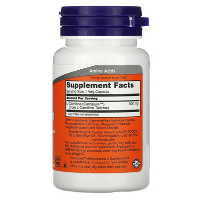 L-карнитин / L-Carnitine, Now Foods, 500 мг, 30 вегетарианских капсул
