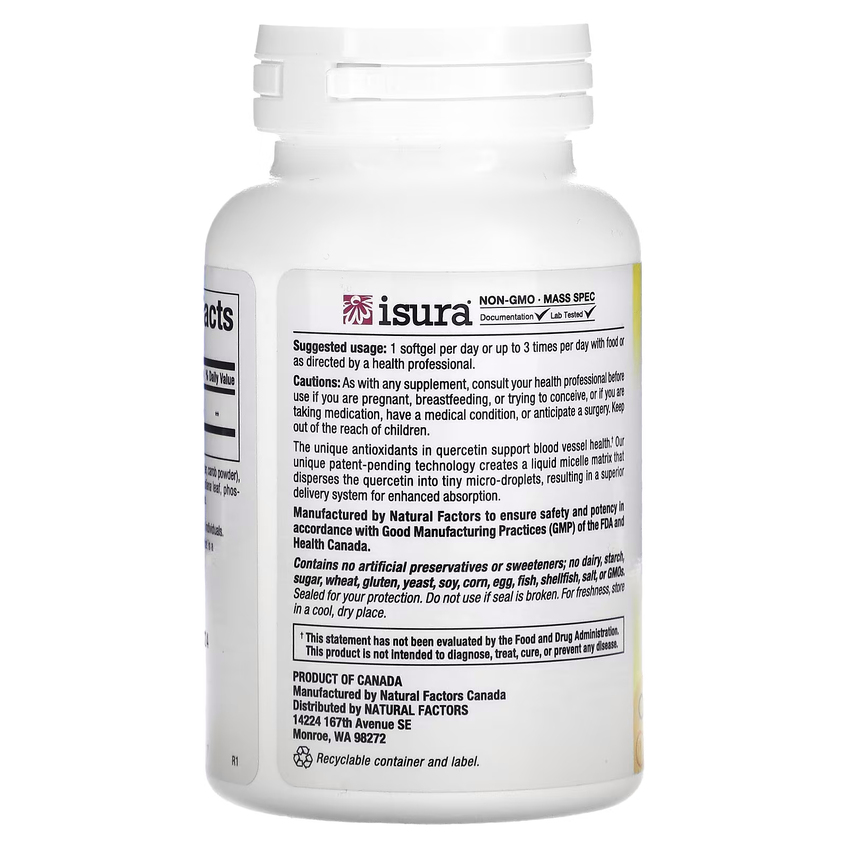 Кверцетин в мицеллярной форме / Quercetin LipoMicel Matrix, Natural Factors, 250 мг, 60 гелевых капсул