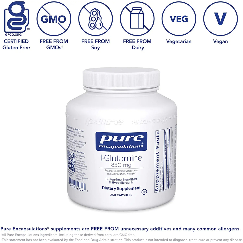 L-глютамін / l-Glutamine, Pure Encapsulations, 850 мг, 250 капсул