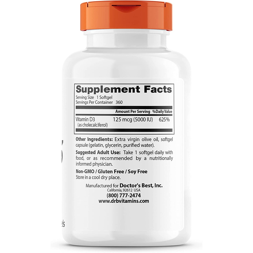 Вітамін D3 / Vitamin D3, Doctor's Best, 125 мкг, 360 капсул