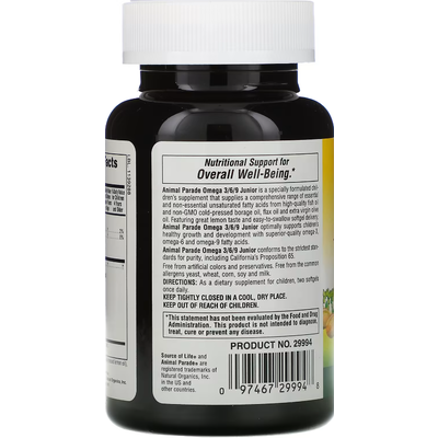 Омега-3-6-9 юниор со вкусом лимона / Source of Life Animal Parade Omega-3-6-9 Junior Lemon Flavor, Nature's Plus, 90 гелевых капсул