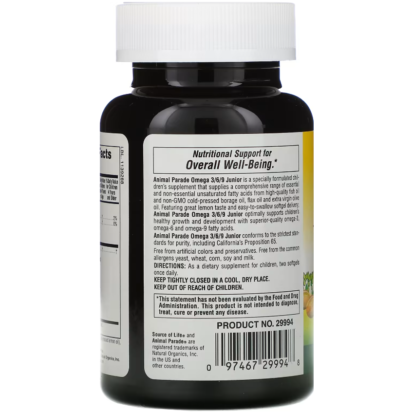 Омега-3-6-9 юниор со вкусом лимона / Source of Life Animal Parade Omega-3-6-9 Junior Lemon Flavor, Nature's Plus, 90 гелевых капсул