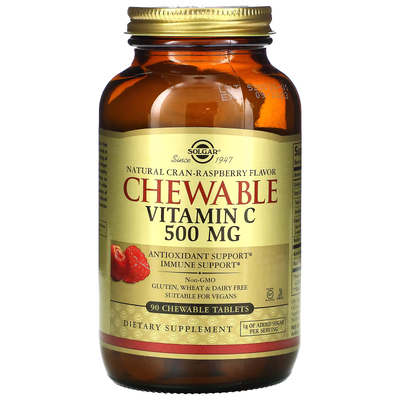 Жевательный витамин С с клюквенно-малиновым вкусом / Chewable Vitamin C Natural Cran-Raspberry, Solgar, 500 мг, 90 жевательных таблеток
