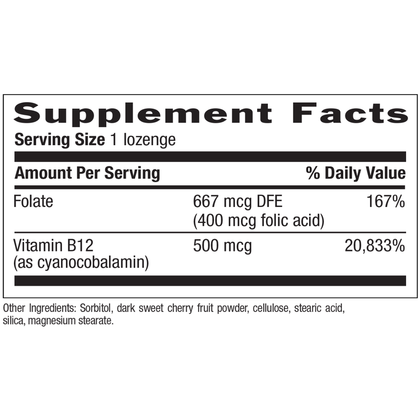 Витамин В12 и фолиевая кислота / Vitamin B12 Sublingual Cherry Flavor, Country Life, 500 мкг, 100 леденцов