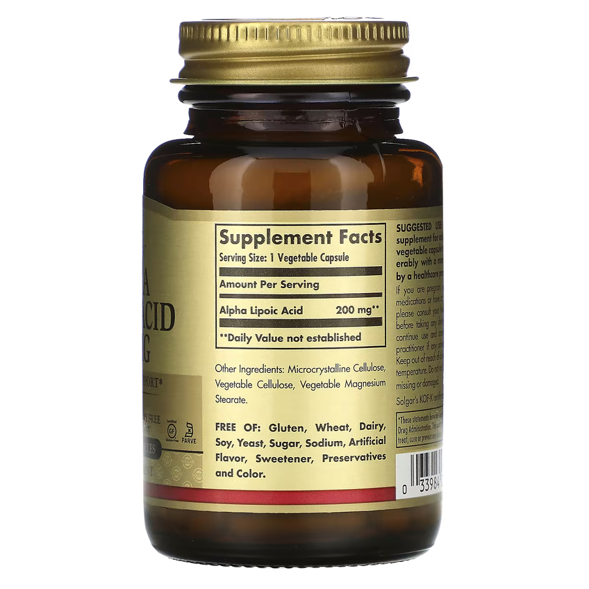 Альфа-ліпоєва кислота / Alpha Lipoic Acid, Solgar, 200 мг, 50 вегетаріанських капсул