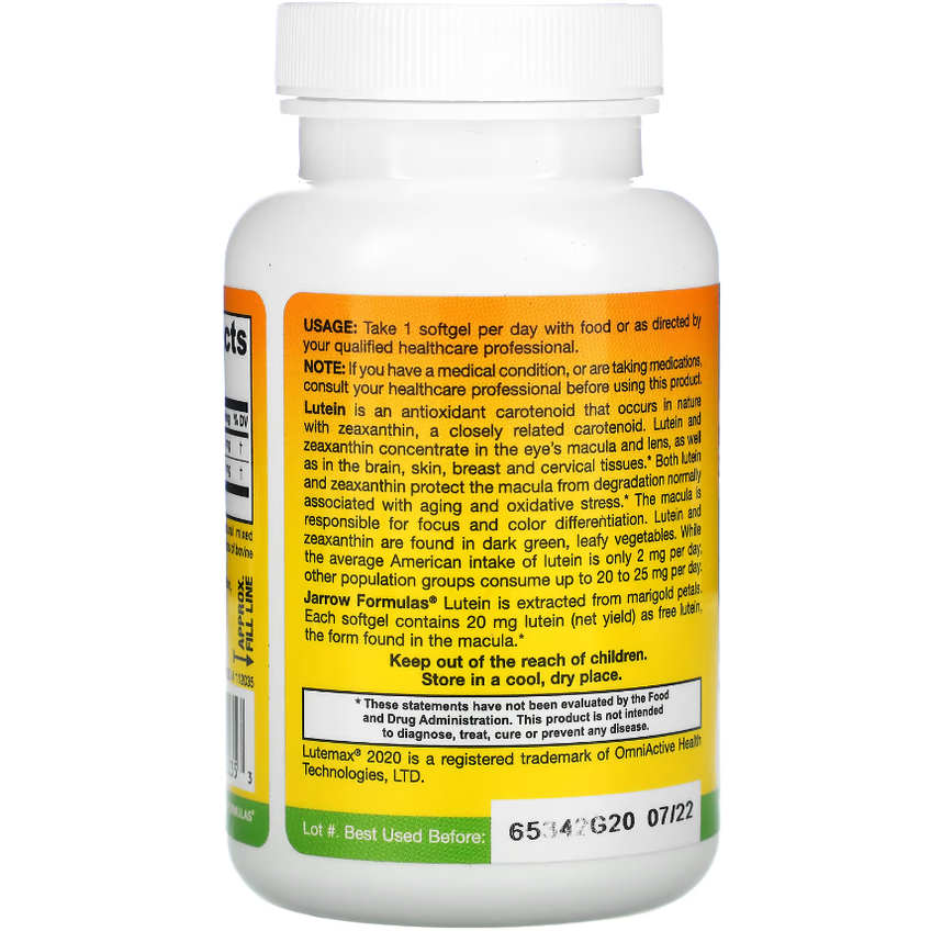 Лютеин / Lutein, Jarrow Formulas, 20 мг, 120 гелевых капсул