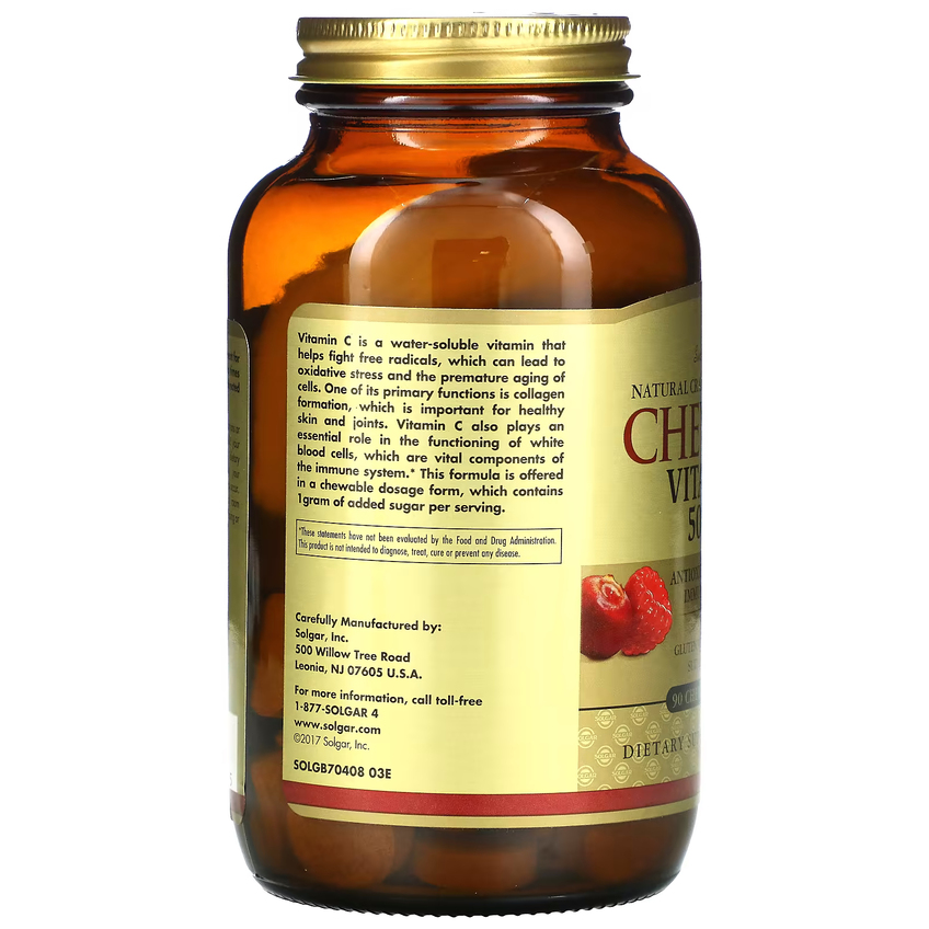 Жевательный витамин С с клюквенно-малиновым вкусом / Chewable Vitamin C Natural Cran-Raspberry, Solgar, 500 мг, 90 жевательных таблеток