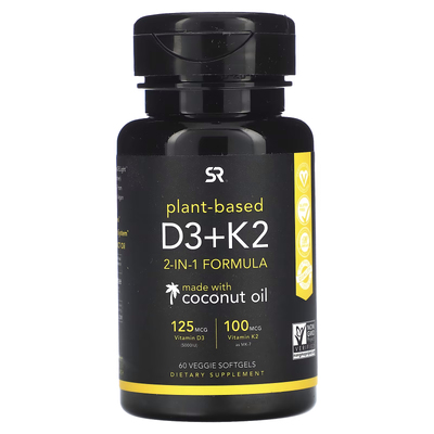 Растительные витамины D3 + K2 с кокосовым маслом / Plant-Based Vitamins D3 + K2 with Coconut Oil, Sports Research, 125 мкг (5000 МЕ) + 100 мкг, 60 вегетарианских капсул