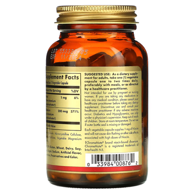 Полінікотинат хрому без дріжджів / Chromium Polynicotinate (yeast-free), Solgar, 200 мкг, 100 вегетаріанських капсул