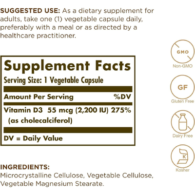 Вітамін D3 (холекальциферол) / Vitamin D3 (Cholecalciferol), Solgar, 55 мкг (2200 МО), 50 вегетаріанських капсул