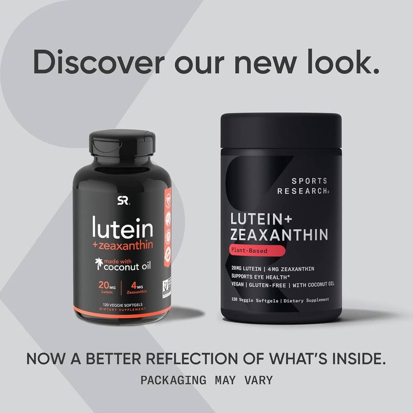 Лютеин и зеаксантин с кокосовым маслом / Lutein and Zeaxanthin with Coconut Oil, Sports Research, 20 мг + 4 мг, 120 вегетарианских гелевых капсул