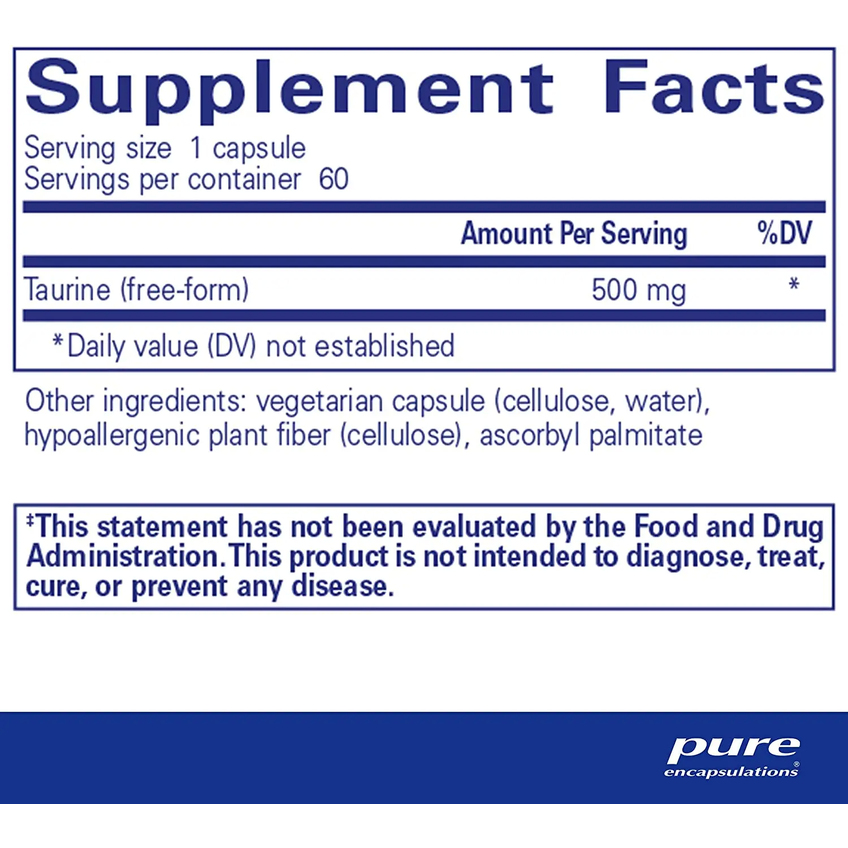 Таурин / Taurine, Pure Encapsulations, 500 мг, 60 капсул