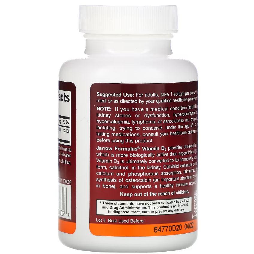 Вітамін D3 холекальциферол / Vitamin D3 Cholecalciferol, Jarrow Formulas, 25 мкг, 100 гелевих капсул