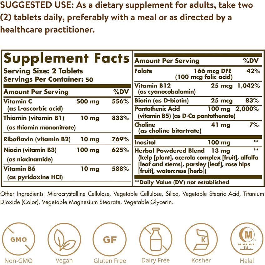 Комплекс витаминов B с витамином C формула для борьбы со стрессом / B-Complex with Vitamin C Stress Formula, Solgar, 100 таблеток
