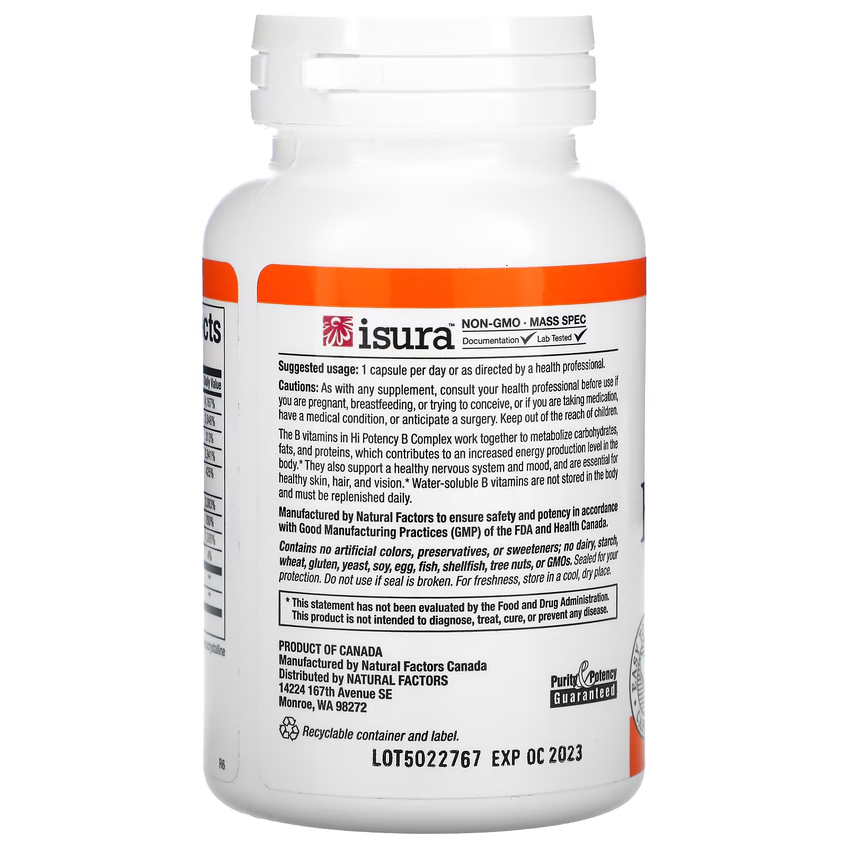 Високоефективний комплекс вітамінів групи B / Hi Potency B Complex, Natural Factors, 90 капсул