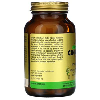 Травы корицы полной эффективности / Full Potency Herbs Cinnamon, Solgar, 300 мг + 200 мг, 100 вегетарианских капсул