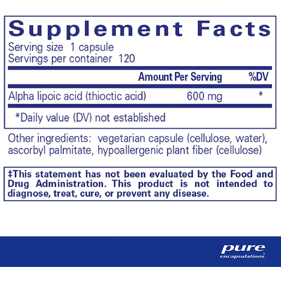 Альфа-липоевая кислота / Alpha Lipoic Acid, Pure Encapsulations, 600 мг, 120 капсул