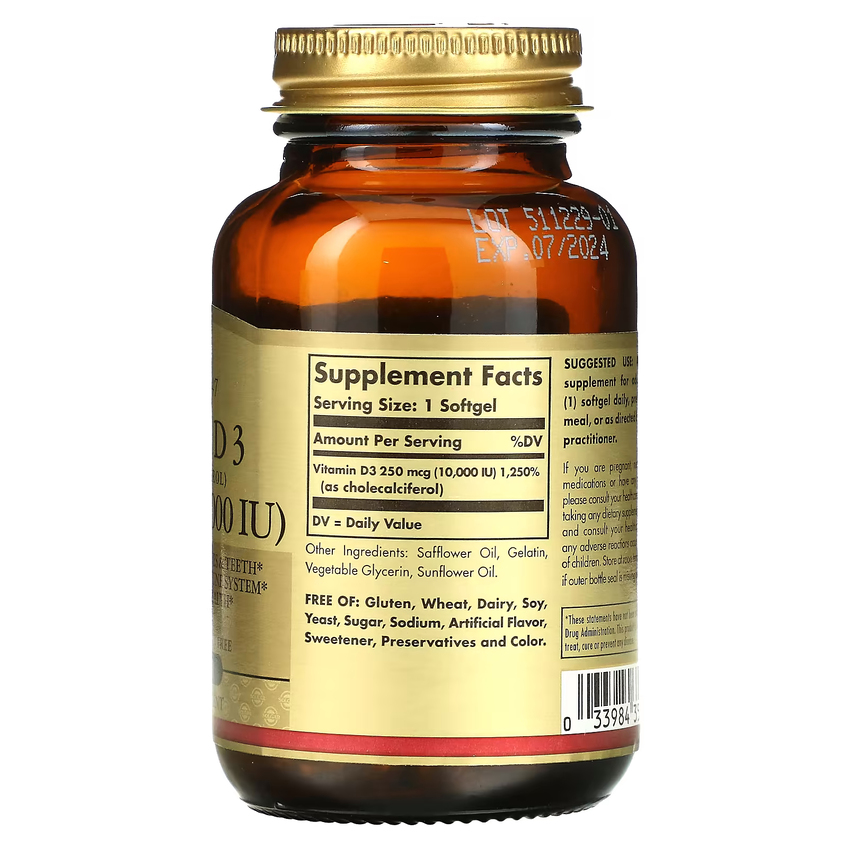 Вітамін D3 (холекальциферол) / Vitamin D3 (Cholecalciferol), Solgar, 250 мкг (10000 МО), 120 гелевих капсул
