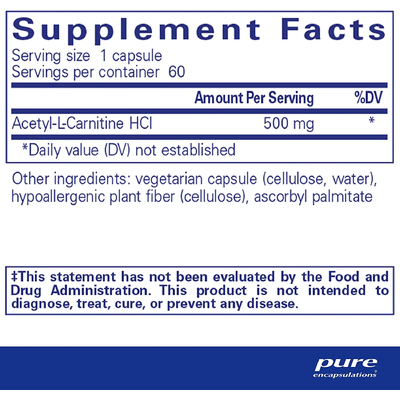 Ацетил-L-карнитин / Acetyl-l-Carnitine, Pure Encapsulations, 500 мг, 60 капсул