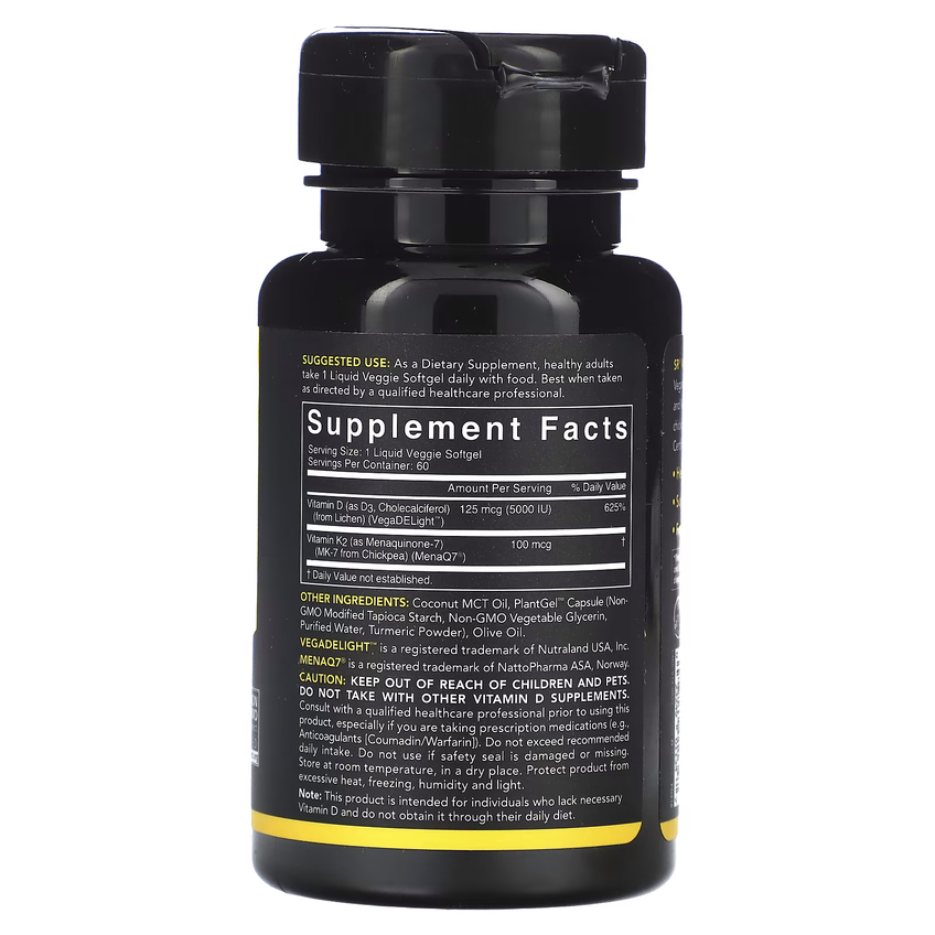 Растительные витамины D3 + K2 с кокосовым маслом / Plant-Based Vitamins D3 + K2 with Coconut Oil, Sports Research, 125 мкг (5000 МЕ) + 100 мкг, 60 вегетарианских капсул