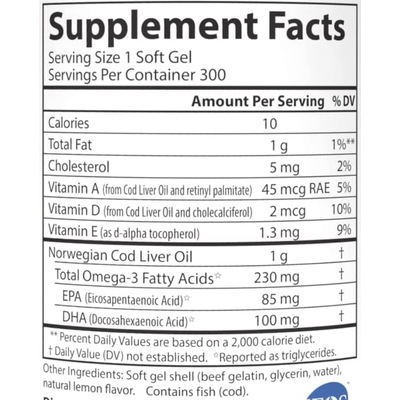 Жир печінки тріски з вітаміном А з лимонним смаком / Cod Liver Oil Gems Low Vitamin A Lemon Flavor, Carlson Labs, 300 гелевих капсул