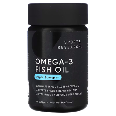 Омега-3 из рыбьего жира тройной силы / Omega-3 Fish Oil, Triple Strength, Sports Research, 1250 мг / 1055 мг, 30 гелевых капсул