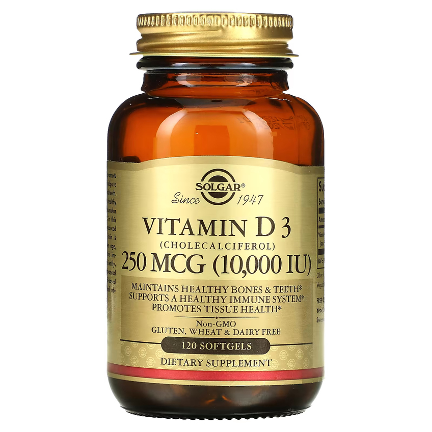 Вітамін D3 (холекальциферол) / Vitamin D3 (Cholecalciferol), Solgar, 250 мкг (10000 МО), 120 гелевих капсул