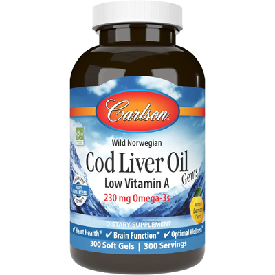 Жир печінки тріски з вітаміном А з лимонним смаком / Cod Liver Oil Gems Low Vitamin A Lemon Flavor, Carlson Labs, 300 гелевих капсул