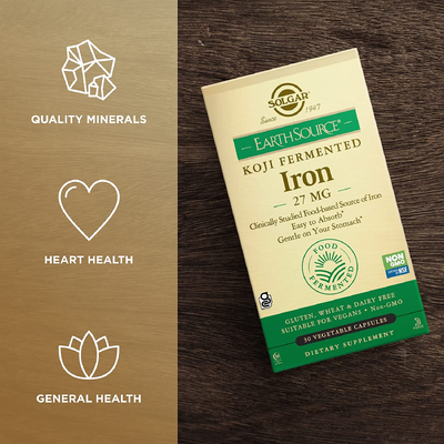 Железо коджи ферментированное / EarthSource Food Fermented Koji Iron, Solgar, 27 мг, 30 вегетарианских капсул