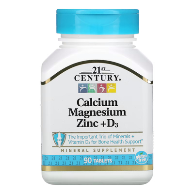 Кальций, магний, цинк + D3 / Calcium, Magnesium, Zinc + D3, 21st Century, 90 таблеток