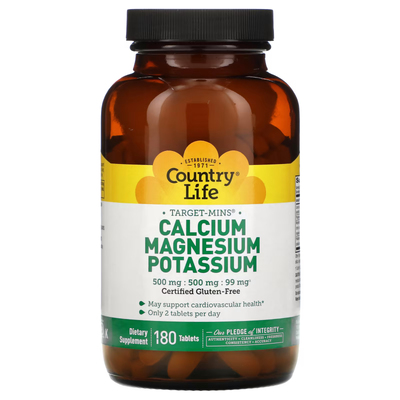 Кальцій, магній і калій / Calcium, Magnesium, and Potassium, Country Life, 180 таблеток