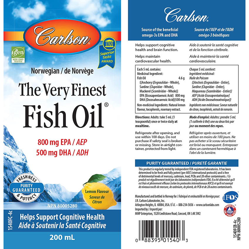 Риб'ячий жир з лимонним смаком / Norwegian The Very Finest Fish Oil Natural Lemon Flavor, Carlson Labs, 200 мл