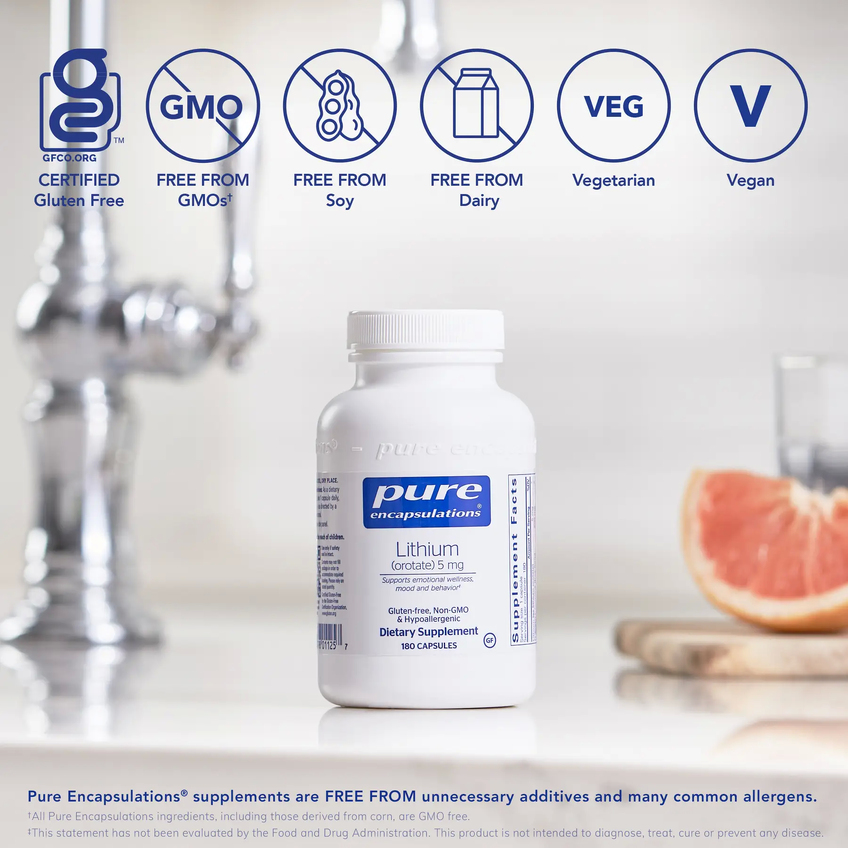 Литий (оротат) / Lithium (orotate), Pure Encapsulations, 5 мг, 180 капсул