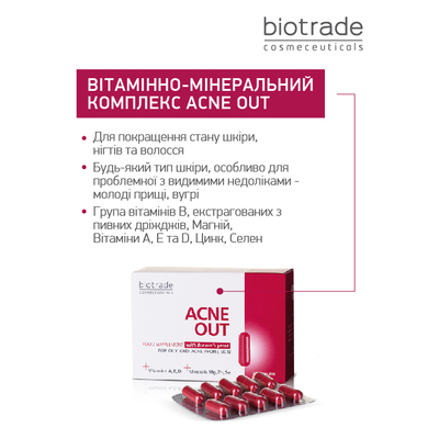 Витаминно-минеральный комплекс для жирной и подверженной акне кожи Biotrade Acne Out Buds, 30 капсул