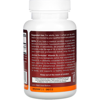 Витамин D3 холекальциферол / Vitamin D3 Cholecalciferol, Jarrow Formulas, 25 мкг, 200 гелевых капсул