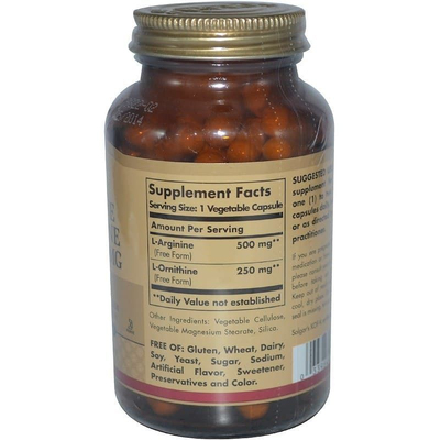 L-аргинин + L-орнитин / L-Arginine + L-Ornithine, Solgar, 500 мг + 250 мг, 100 вегетарианских капсул