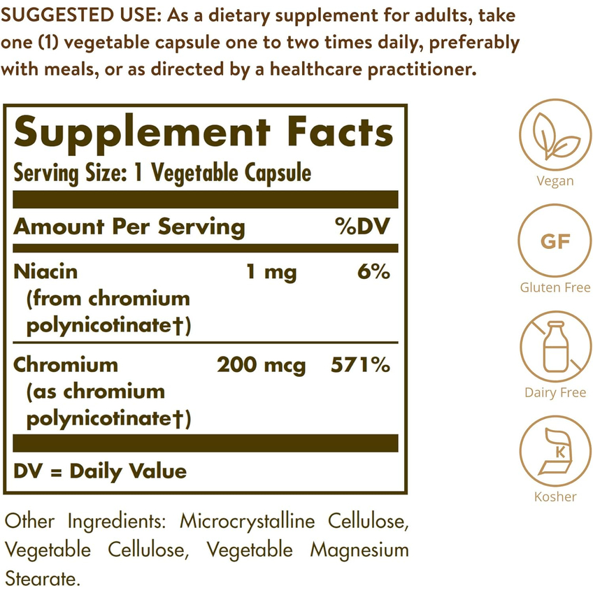 Полінікотинат хрому без дріжджів / Chromium Polynicotinate (yeast-free), Solgar, 200 мкг, 100 вегетаріанських капсул