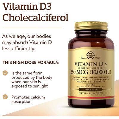 Вітамін D3 (холекальциферол) / Vitamin D3 (Cholecalciferol), Solgar, 250 мкг (10000 МО), 120 гелевих капсул