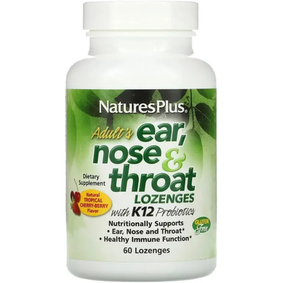 Добавка для вух, горла, носа зі смаком тропічної вишні / Adult's Ear Nose & Throat Lozenges Natural Tropical Cherry Berry, Nature's Plus, 60 льодяників