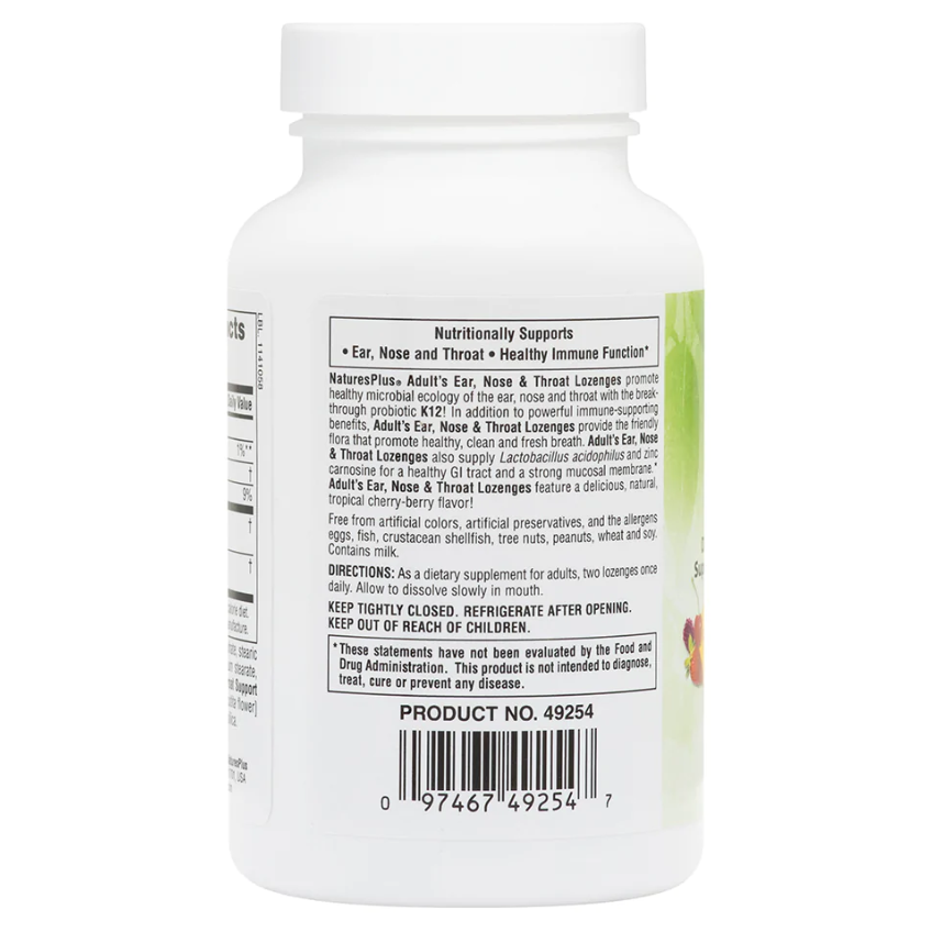 Добавка для вух, горла, носа зі смаком тропічної вишні / Adult's Ear Nose & Throat Lozenges Natural Tropical Cherry Berry, Nature's Plus, 60 льодяників