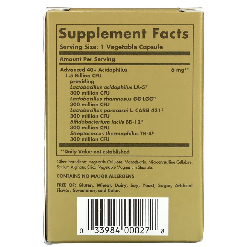 Улучшенный ацидофильный комплекс пробиотиков 40+ / Advanced 40+ Acidophilus, Solgar, 60 вегетарианских капсул