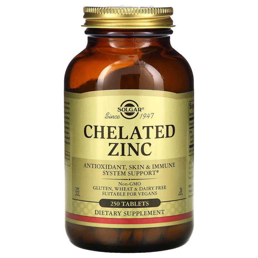 Цинк хелатний / Chelated Zinc, Solgar, 22 мг, 250 таблеток