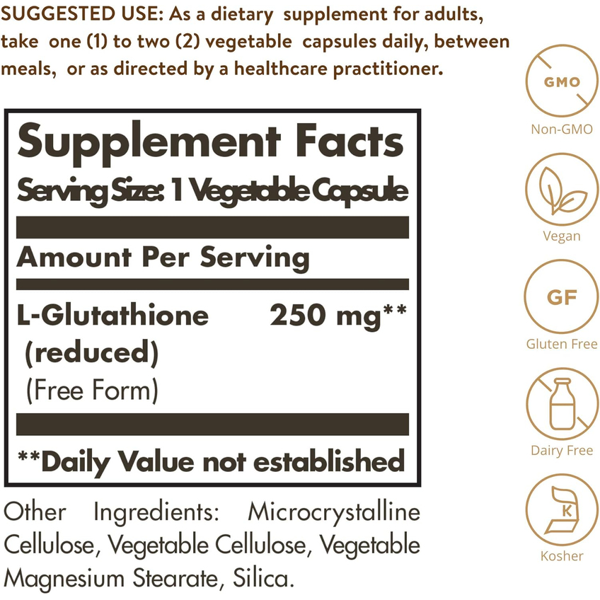 Відновлений L-глутатіон / Reduced L-Glutathione, Solgar, 250 мг, 30 вегетарианских капсул