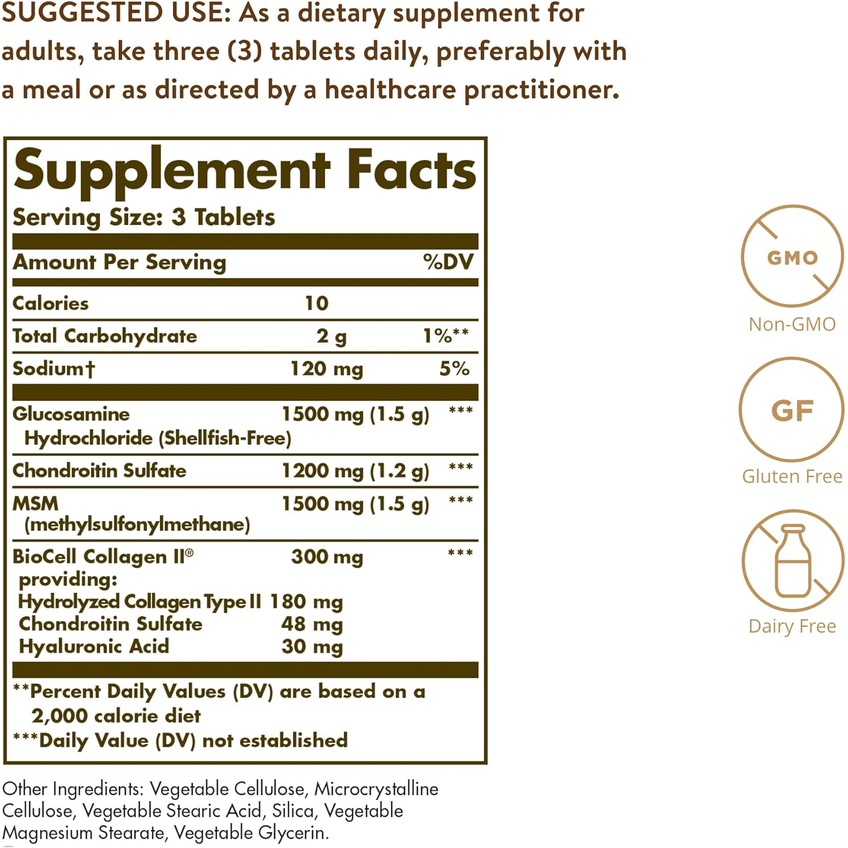 Глюкозамін, гіалуронова кислота, хондроїтин та МСМ / Glucosamine Hyaluronic Acid Chondroitin MSM, Solgar, 60 таблеток