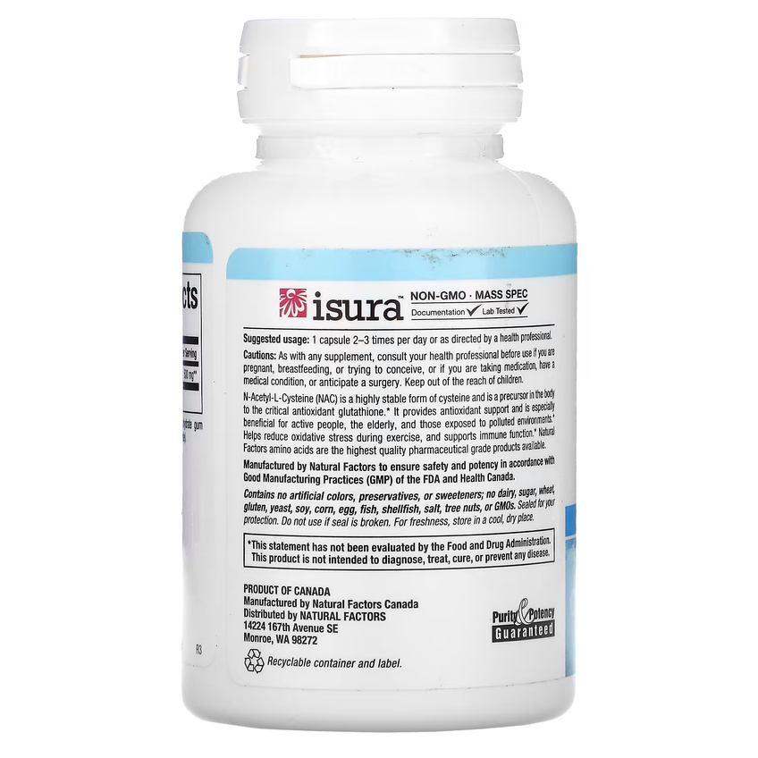 Ацетилцистеин / N-Acetyl-L Cysteine (NAC), Natural Factors, 500 мг, 90 вегетарианских капсул